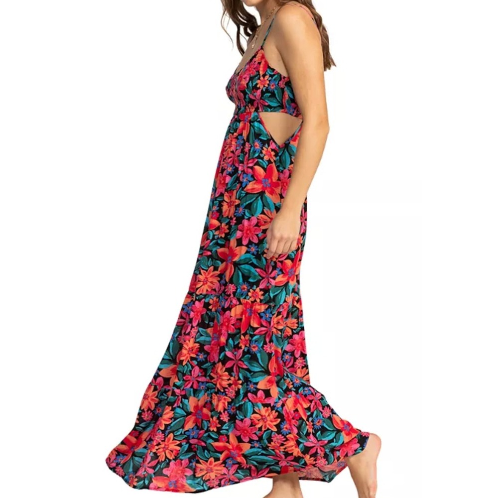 Roxy Hot Tropics Cutout Maxi Dress Medium Black Floral Smocked Boho